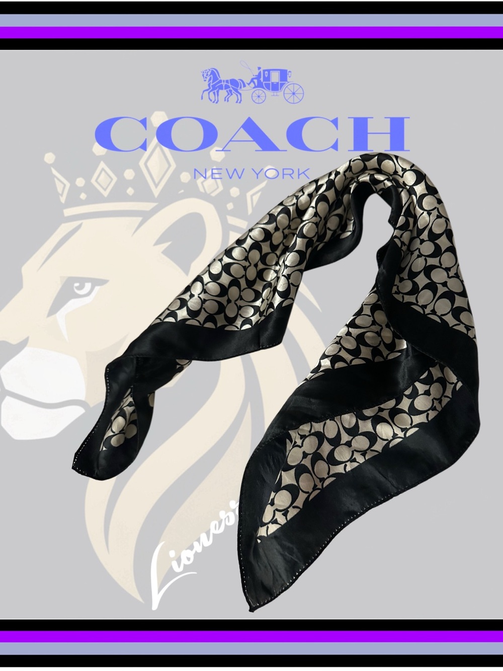 Coach Signature Silk Scarf in Black & Beige 10.5” (square)